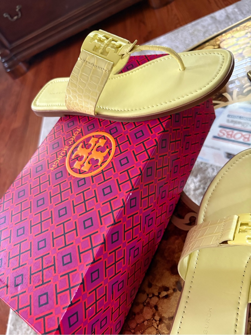 Tory Burch Lemon Yellow Croc-Embossed Logo Thong Sandals